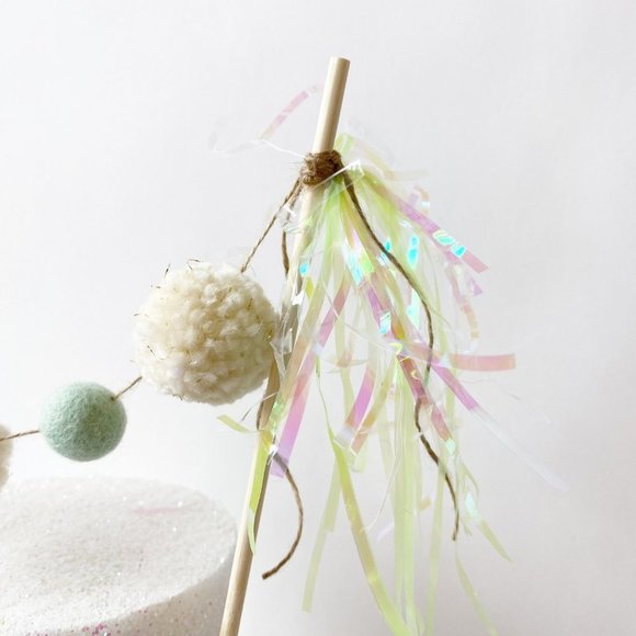 Pastel Green Pom Pom Felt Ball Cake Topper, Birthday Cake Topper Gender Neutral - Picture 4 of 5